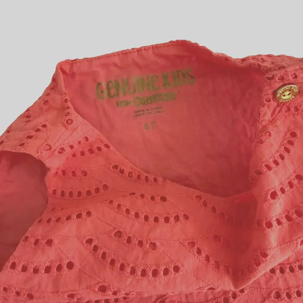Genuine Kids Oshkosh Girls 4t 2 Piece Coral Eyelet Short Top Outfit 100% Cotton